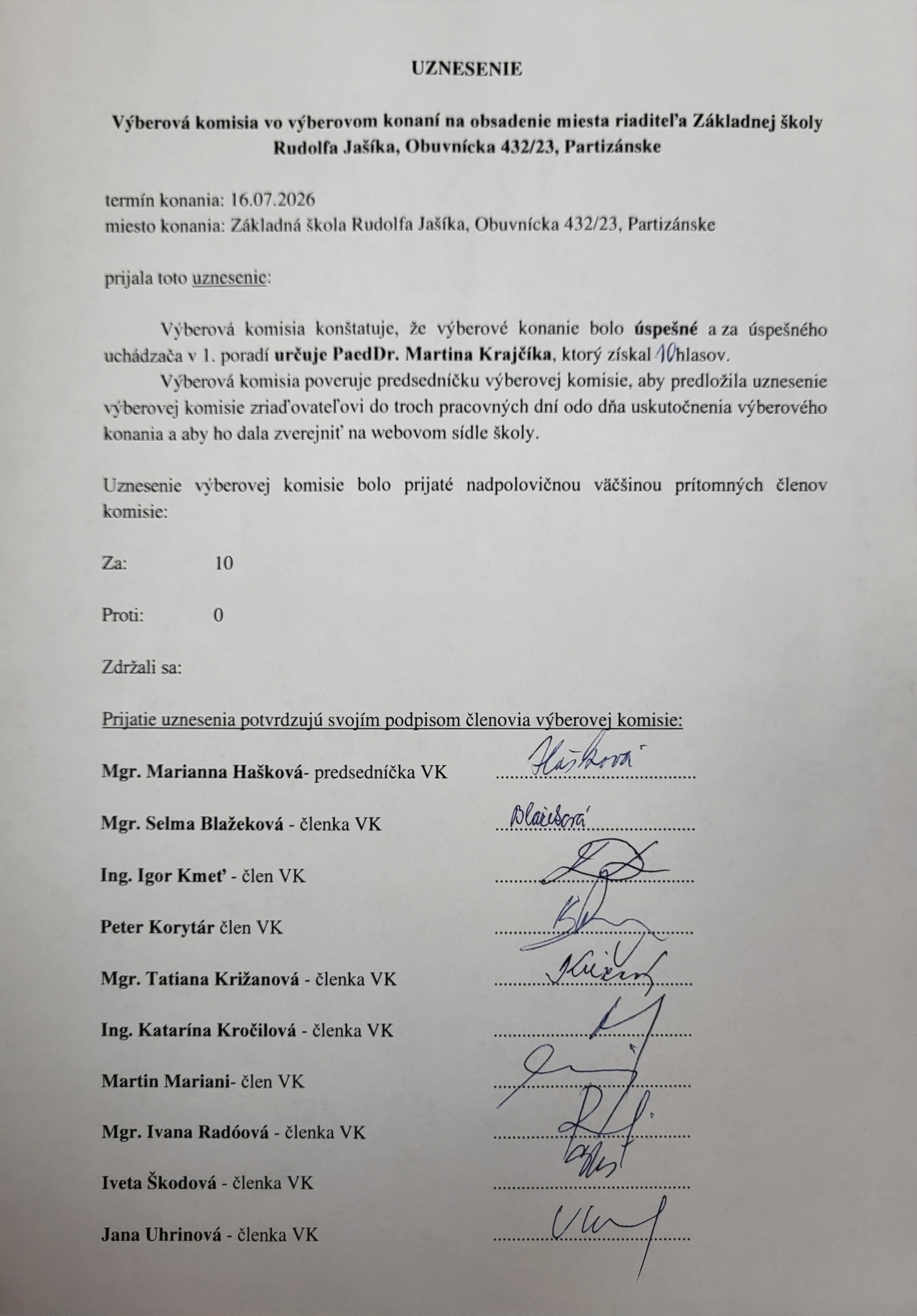 Uznesenie výberovej komisie - Obrázok 1