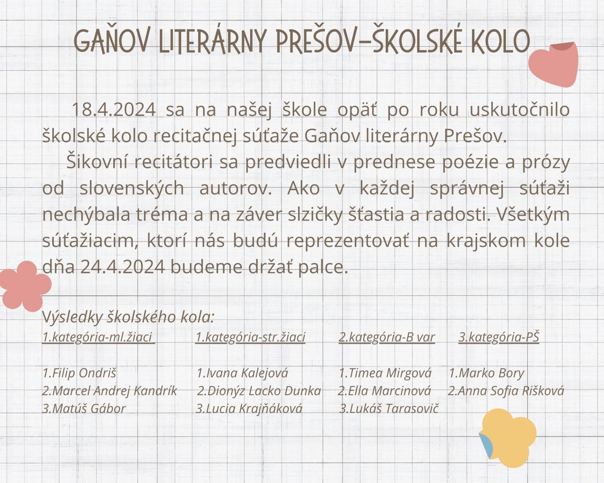 Gaňov literárny Prešov - šk. kolo - Obrázok 1