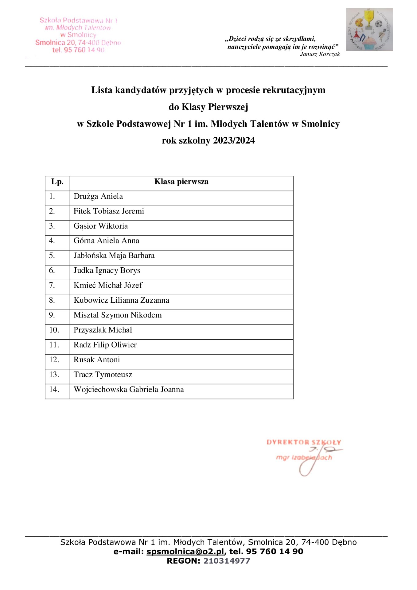 Lista kandydatów przyjętych do klasy I - Obrazek 1