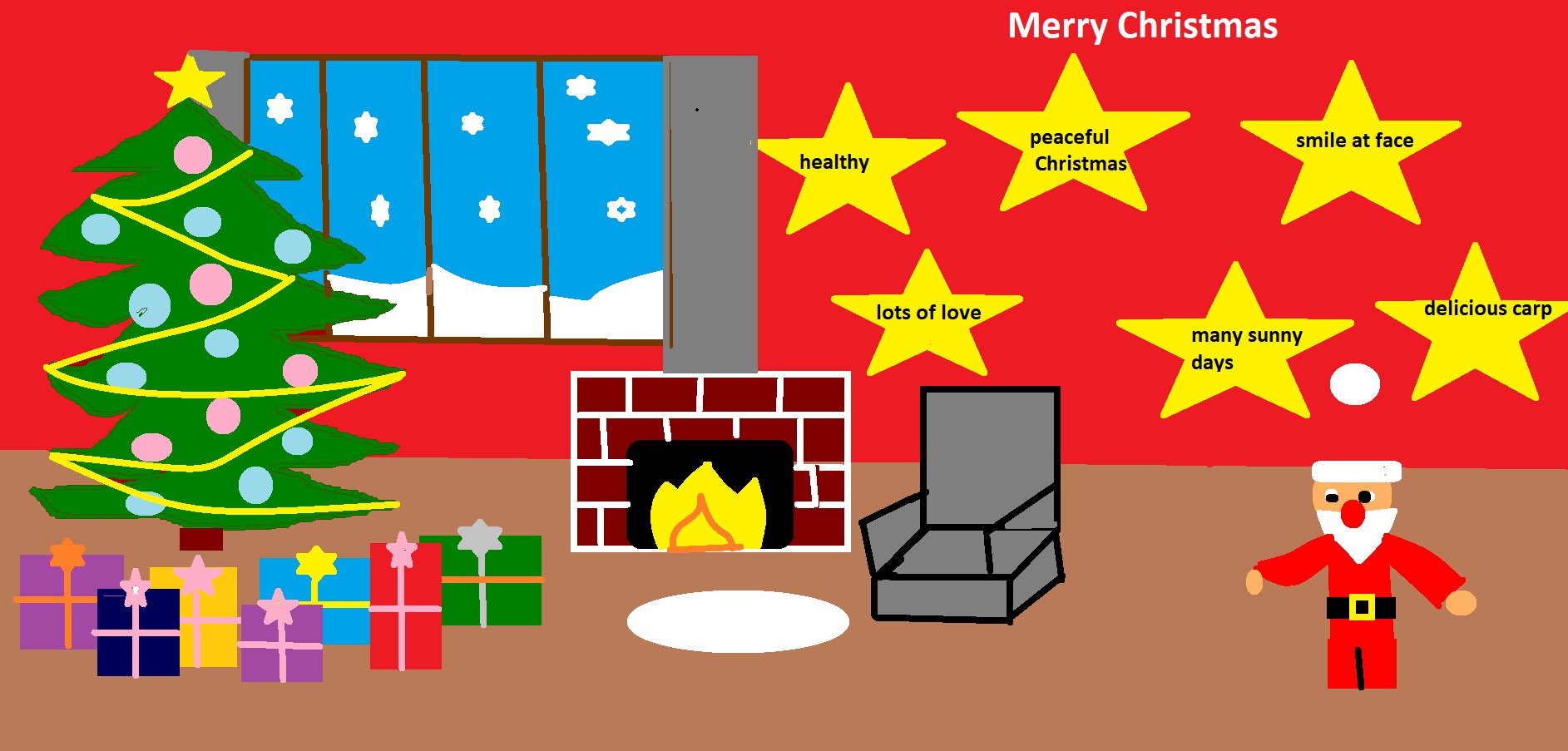 Kolorowa kartka świąteczna  z życzeniami w języku angielskim.
