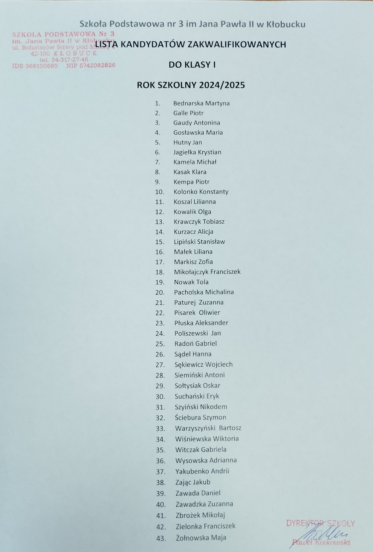 Lista kandydatów zakwalifikowanych do klasy I - Obrazek 1