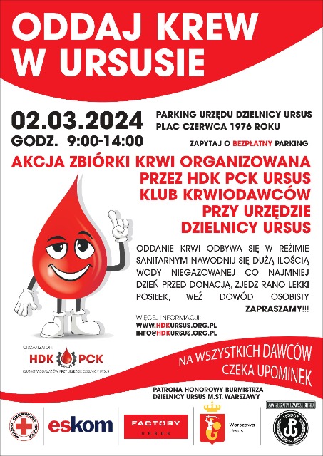 Plakat promujący Akcję Zbiórki Krwi Organizowaną przez HDK PCK Ursus Klub Krwiodawców przy Urzędzie Dzielnicy Ursus