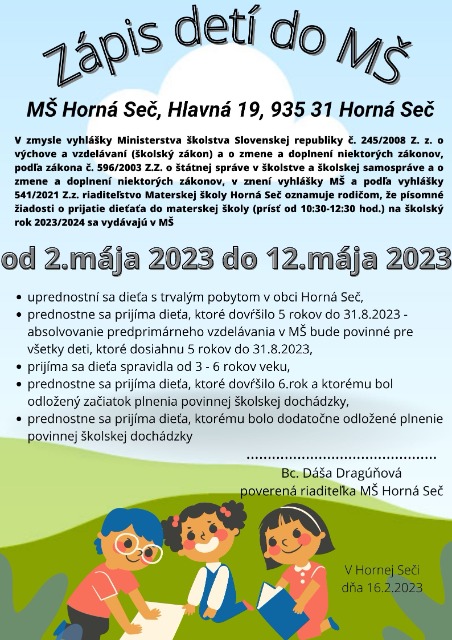 Zápis detí do MŠ na rok 2023/2024 - Obrázok 1