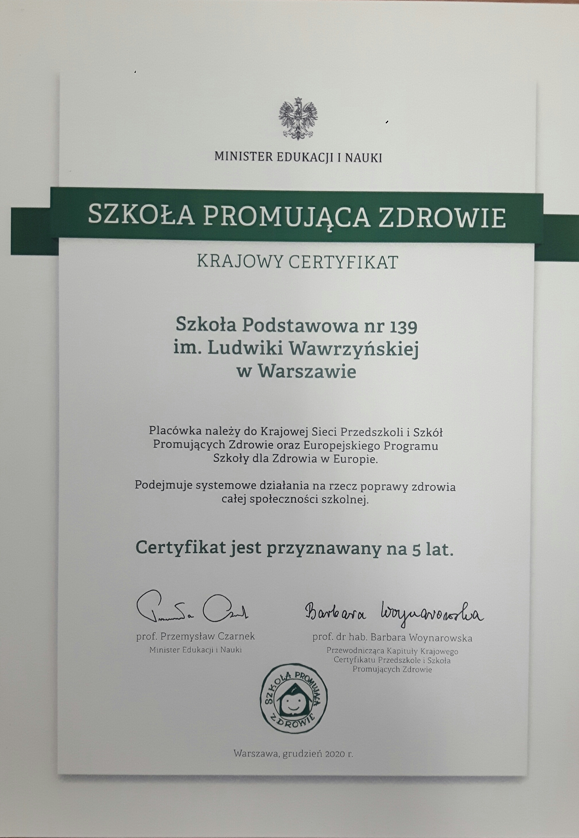 Krajowy Certyfikat Szkoły Promującej Zdrowie. - Obrazek 1