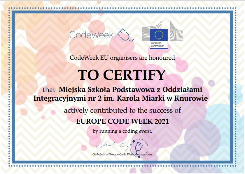 Certyfikat świadczący o aktywnym uczestnictwie w Europejskim Tygodniu Kodowania 2021