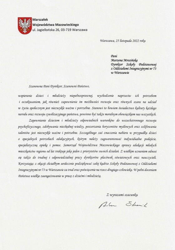 treść listu od Marszałka Województwa Mazowieckiego, link do wersji listu w formacie pdf