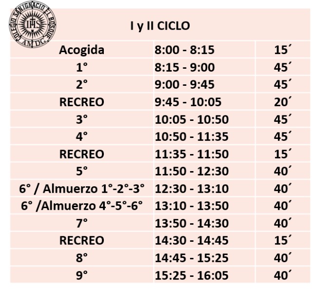 Horario cronológico I y II Ciclo - Imagen 1