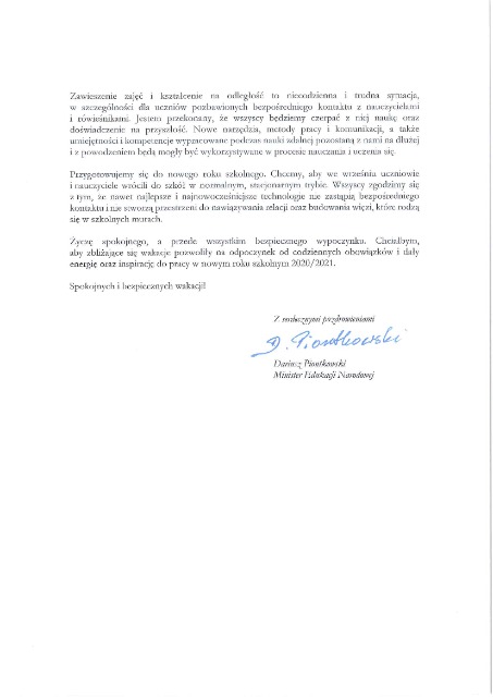 List Ministra Edukacji Narodowej z okazji zakończenia zajęć dydaktyczno-wychowawczych w roku szkolnym 2019/2020. - Obrazek 2