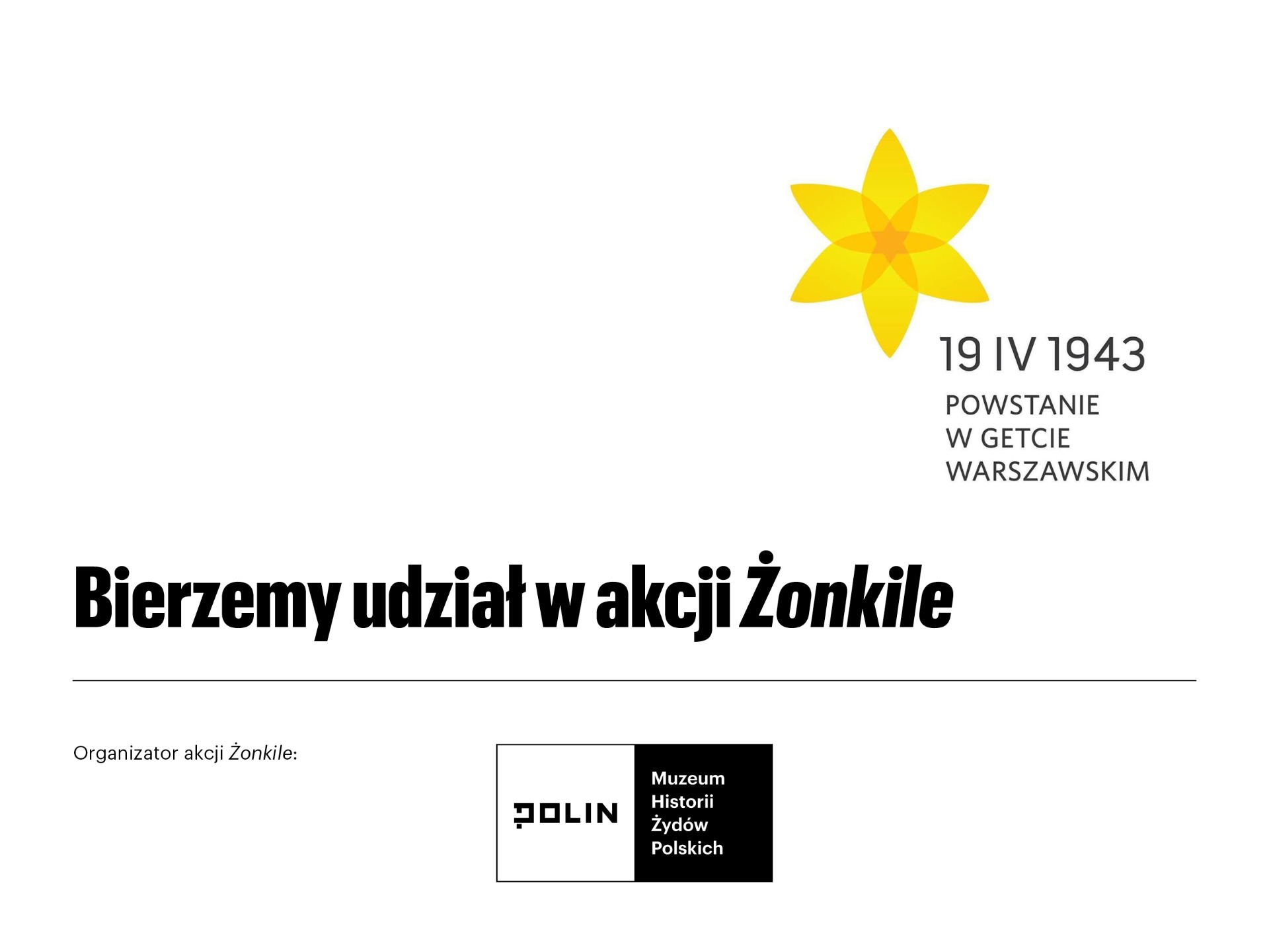 19 IV 1943 POWSTANIE W GETCIE WARSZAWSKIM
Bierzemy udział w akcji Żonkile
Organizator akcji Żonkile: Polin Muzeum Historii Żydów Polskich