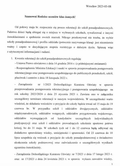 List Dolnośląskiego Kuratora Oświaty w sprawie rekrutacji - Obrazek 1