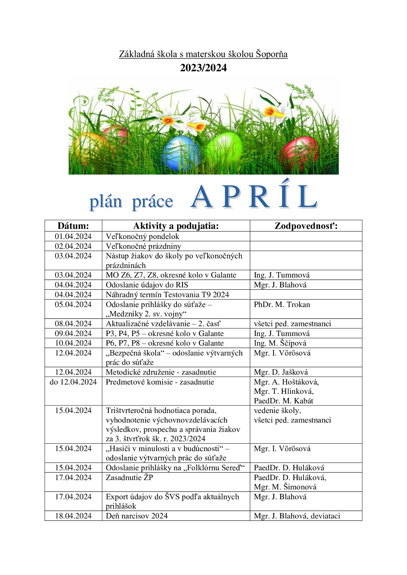 Plán práce na mesiac apríl - Obrázok 1