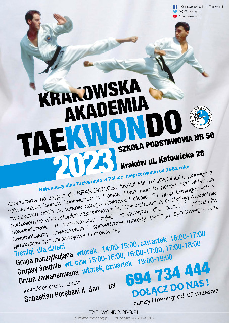Plakat zapraszający do udziału w zajęciach Teakwon-do w SP nr 50.

