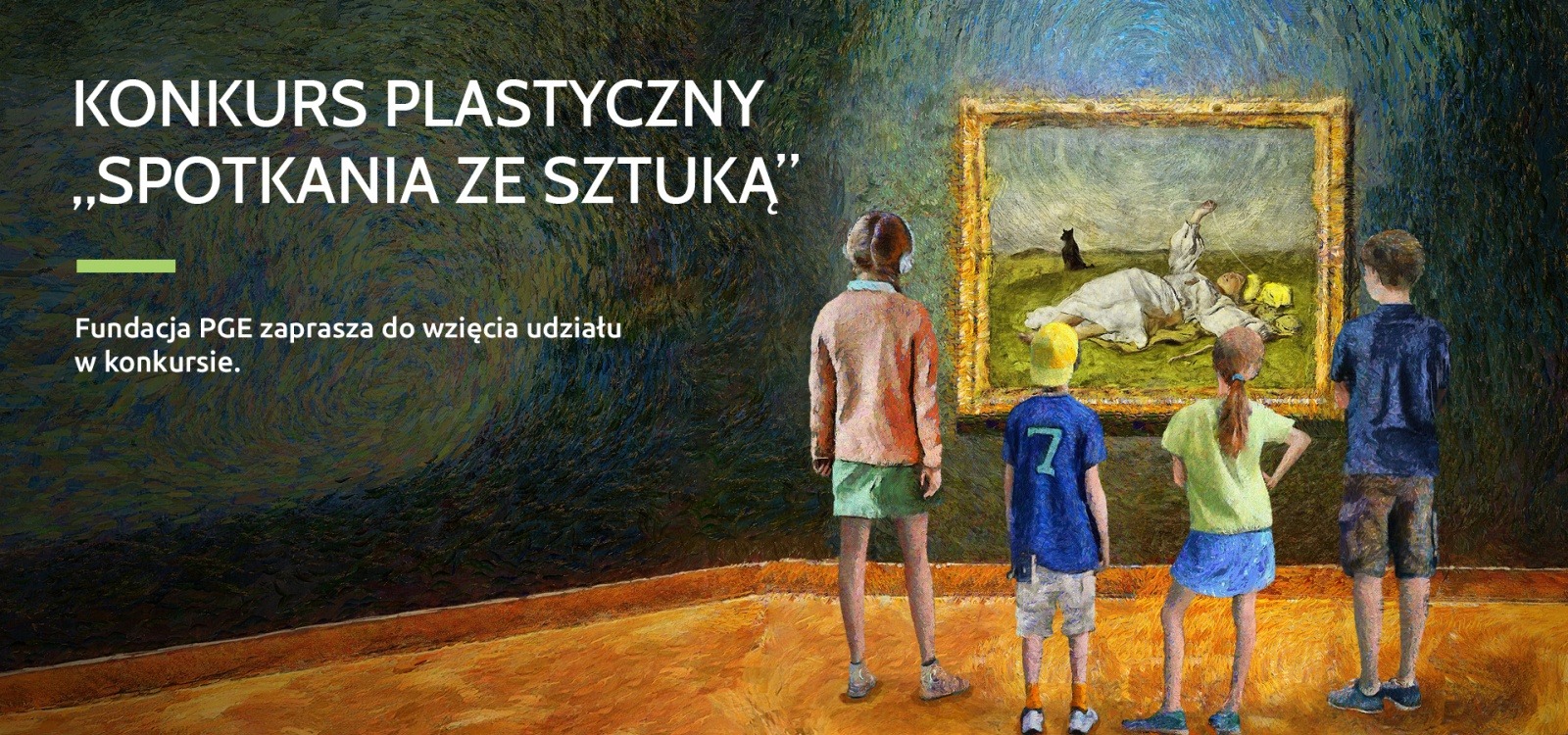 Infografika Konkurs Plastyczny "Spotkania ze sztuką" czworo dzieci stoi przed obrazem Józefa Chełmońskiego pt. "Babie lato"
